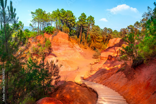 Roussillon, red rocks of Colorado colorful ochre canyon in Provence, landscape of France photo