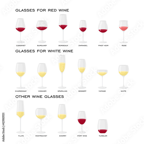 Types of wine glasses. Stock vector illustration of wine glasses. Glasses for red, white, rose wine. Wine glasses illustration on white isolated background