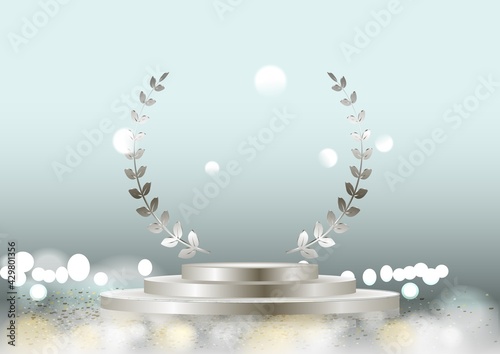 silver laurel wreath frame award and stage podium isolated on dark background.