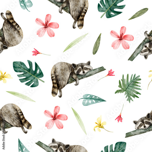 Watercolor seamless pattern with cute raccoons  flowers  and leaves on white background 