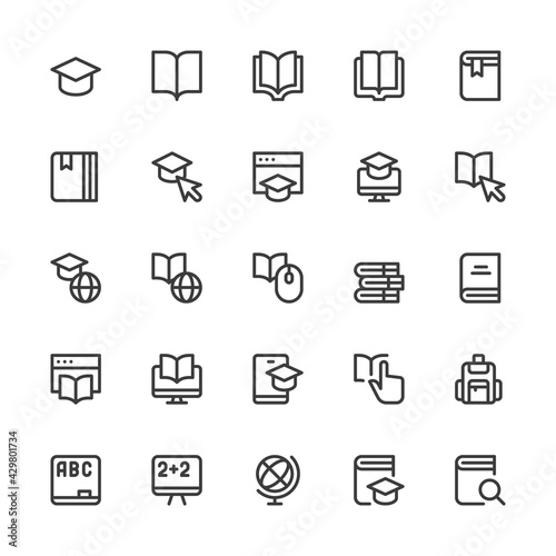 Simple Interface Icons Related to Education and Learning. Online Education, Training at School, Distance Learning, Ebook. Editable Stroke. 32x32 Pixel Perfect.