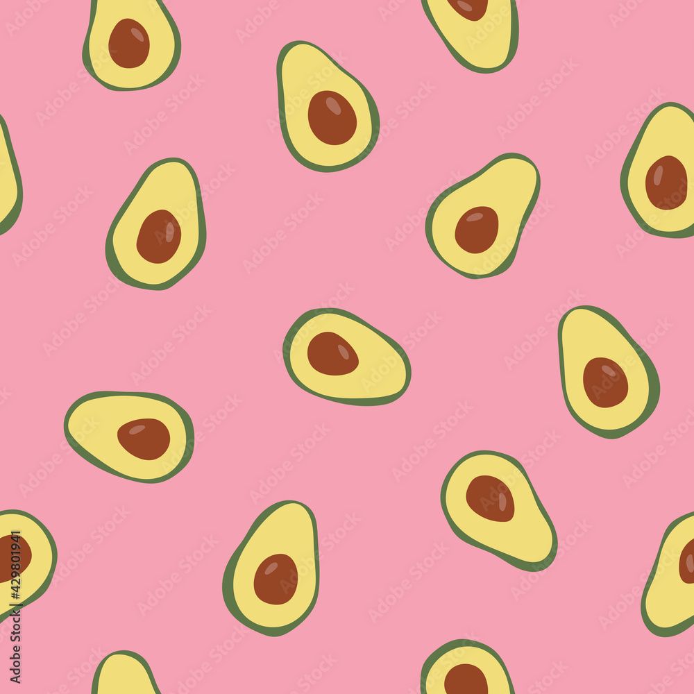 Seamless pattern with avocado on pink background. Hand drawn texture for textile, print, packaging. Seamless pattern with avocado on pink background. Hand drawn texture for textile, print, packaging.