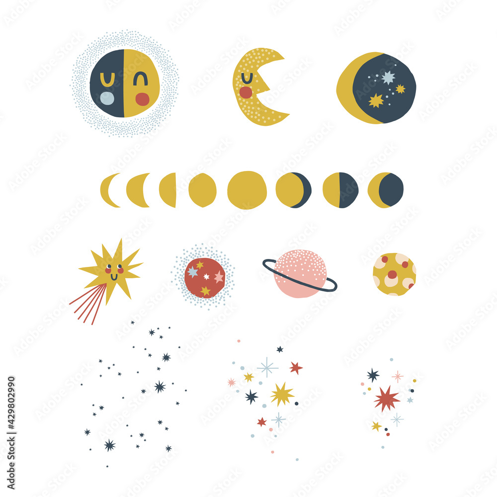 Celestial objects star moon phases crescent comet planet Milky Way vector clip art set. Cosmic starry design elements isolated on white. Childish Scandinavian abstract geometric space shape clip-art. 
