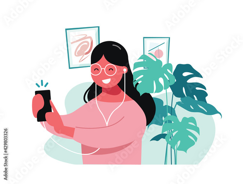 Flat vector illustration of a happy woman with smartphone and headphones, making online call or shotting video or taking photos for social media, influencer lifestyle