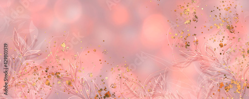 Aquarellzeichnung in zarten Rottönen mit Bokehhintergund - florale Elemente mit Goldpartikeln und Glanzeffekten für Hintergundgestaltung 
