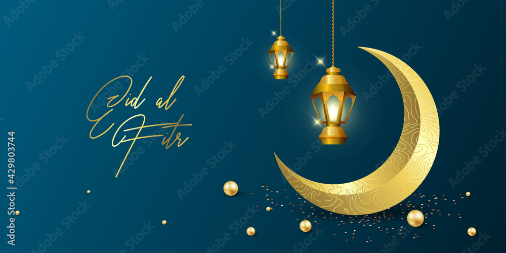 Naklejka premium Ramadan kareem greeting card design template for invitation, banner, poster with lamp, crescent, calligraphy. Realistic vector illustration eid al fitr (Feast of Breaking the Fast). Eid Mubarak