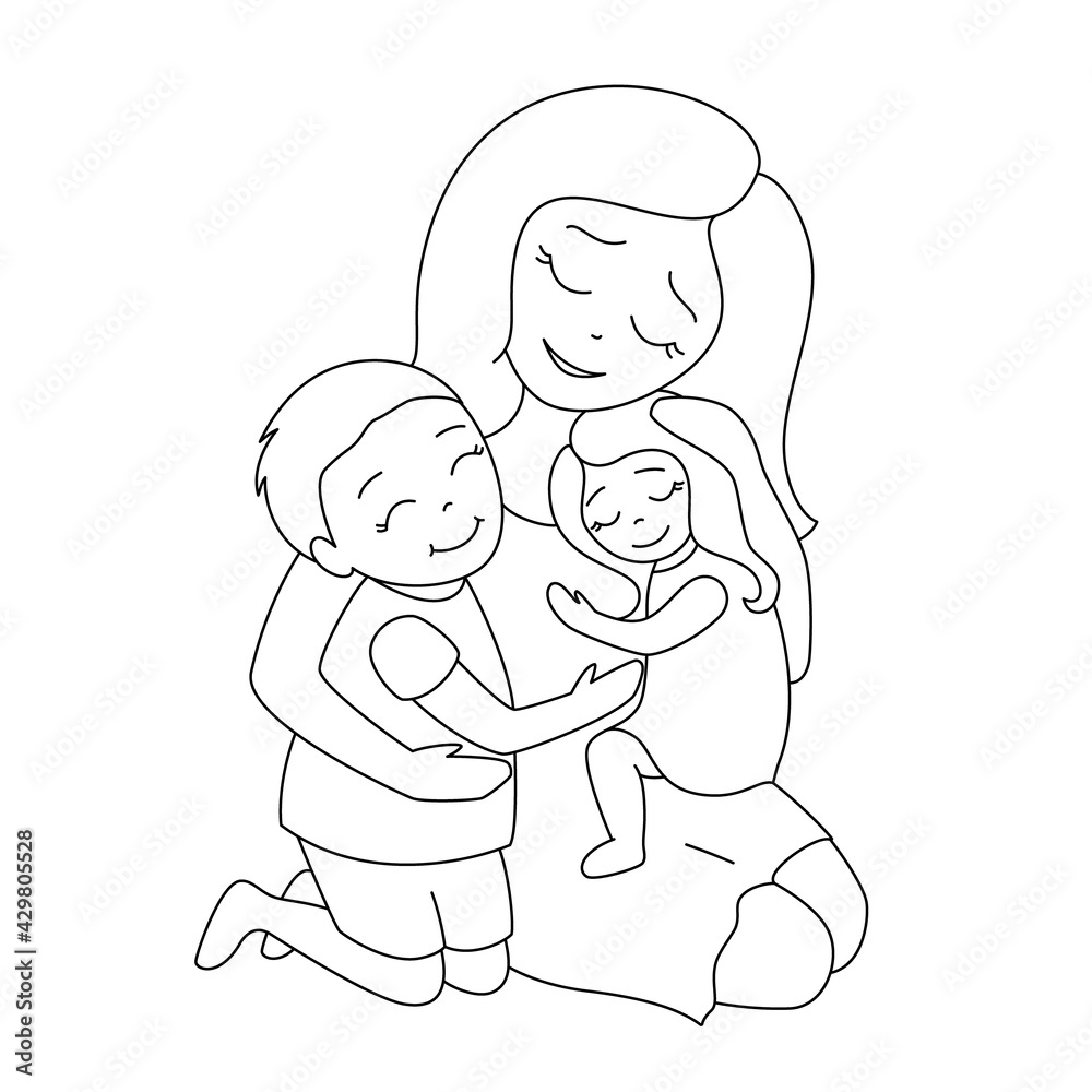 Loving tender mother with two cute happy children, teenage boy and little girl, hugging each other, only lines with no colours, isolated on white background, editable strokes, vector illustration