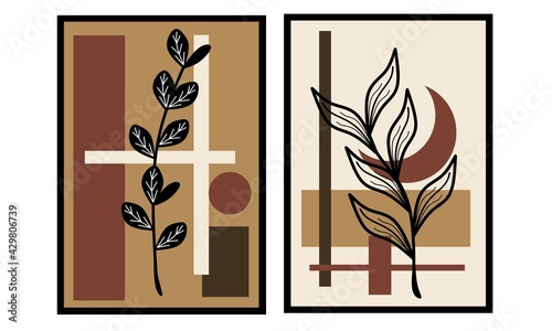 Set two pieces of bontanical flowers wall art. Leafs and plant wall decor with neutral color. Minimalist Scandinavian wall decorations.