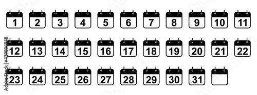 Every day of a month calendar icons. Set of black calendar icons. Vector illustration.