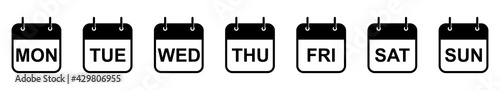 Every day of a week calendar icons. Set of black calendar icons. Vector illustration.