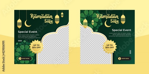 Ramadan sale banner instagram stories, social media post template. Islamic card eid mubarak sale, ramadan kareem sale with photo collage.