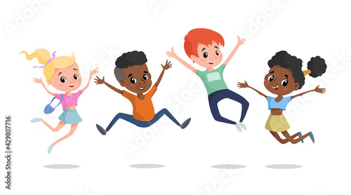 Happy children jumping and laughing. Multiracial school age children illustration. Best for posters, banners, invitations. Vector drawing isolated on white.