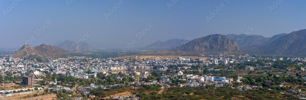 Panorama view of Pushkar city and lake in the Ajmer district in the Indian state of Rajasthan.