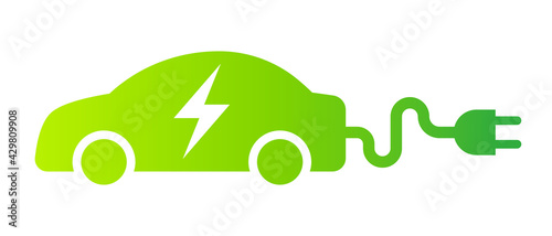 Electric car with plug green icon symbol, EV car hybrid vehicles charging point logotype, Eco friendly vehicle concept, Vector illustration