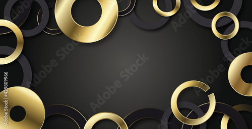 Unterlegscheiben gold metall glänzend als hintergrund mit gummidichtungen auf schwarzem grund, luxus design