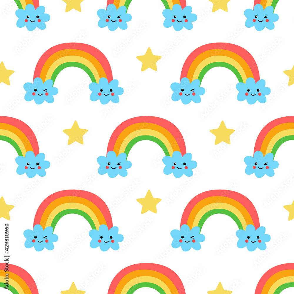 Seamless pattern with cute cartoon rainbows and clouds. Seamless pattern with cute cartoon rainbows and clouds.