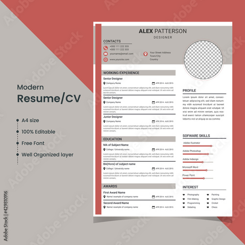 Clean Resume /CV Template; Modern Resume/CV Vector Template; A4 size Resume/CV Templat