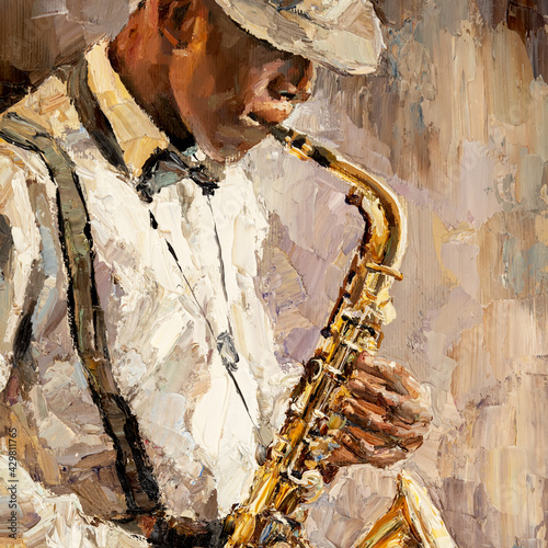 Stylish jazz band playing music on the scene, background is brown. Palette knife technique of oil painting and brush. .The jazzman plays the sexophone.