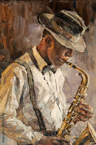 Stylish jazz band playing music on the scene, background is brown. Palette knife technique of oil painting and brush. .The jazzman plays the saxophone.