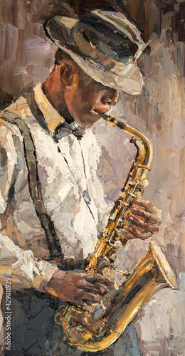 Photography Stylish jazz band playing music on the scene, background is brown