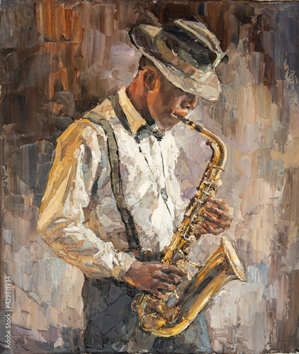 Stylish jazz band playing music on the scene, background is brown. Palette knife technique of oil painting and brush. .The jazzman plays the sexophone. photo