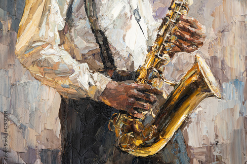Stylish jazz band playing music on the scene, background is brown. Close-up fragment of  oil painting and brush. .The jazzman plays the saxophone.