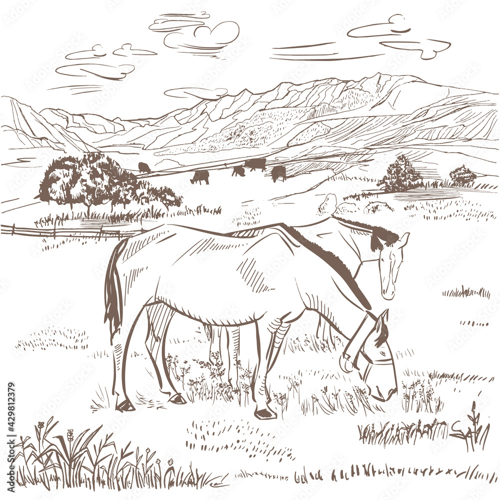 Farm with horses and cows illustration. Cows and horses graze in the pasture. Rural view of farm animals