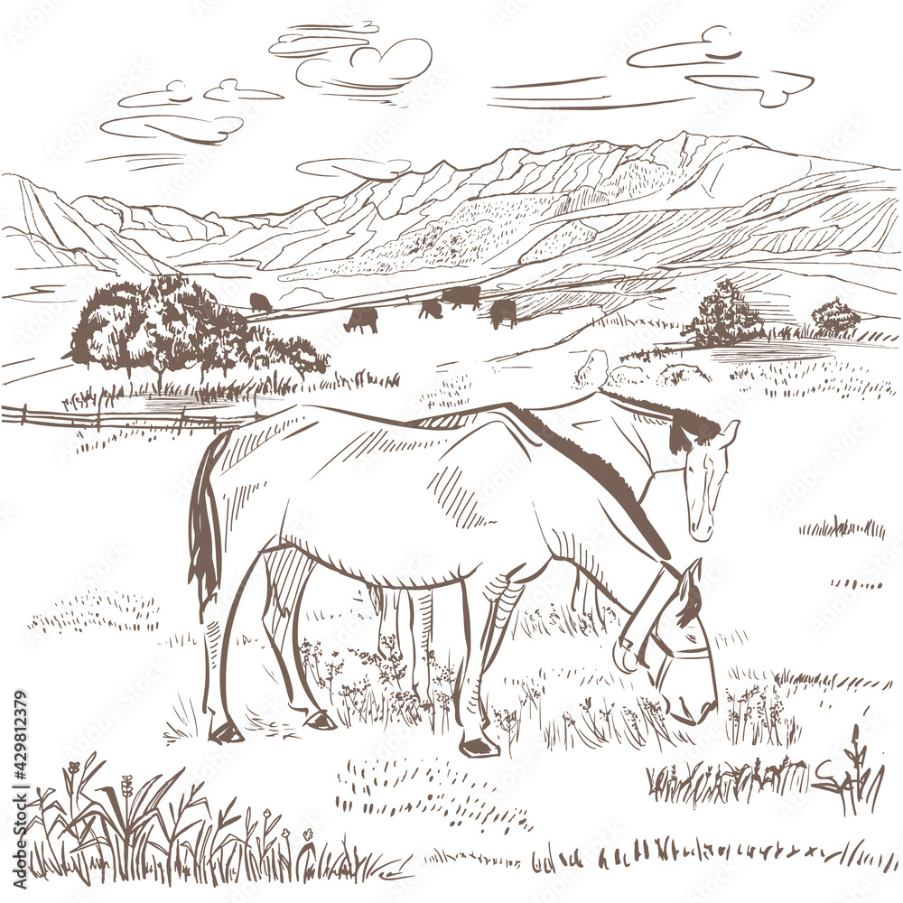 Naklejka premium Farm with horses and cows illustration. Cows and horses graze in the pasture. Rural view of farm animals