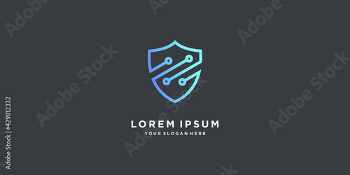 Shield logo design technology with linear style and creative concept