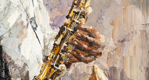 Stylish jazz band playing music on the scene, background is brown. Close-up fragment of  oil painting and brush. .The jazzman plays the saxophone. photo