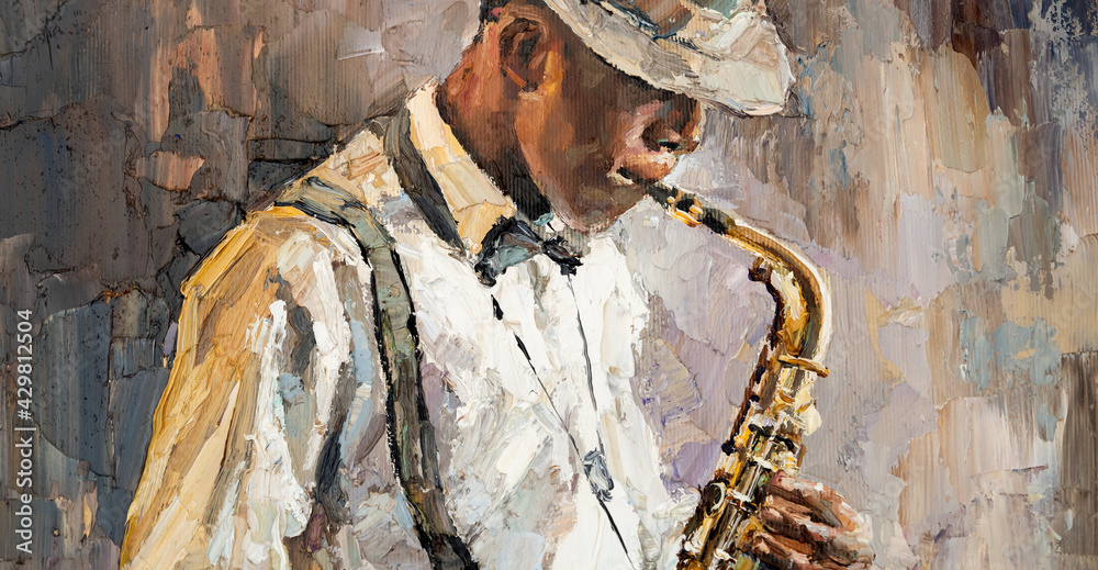Stylish jazz band playing music on the scene, background is brown. Close-up fragment of  oil painting and brush. .The jazzman plays the saxophone. - obrazy, fototapety, plakaty 