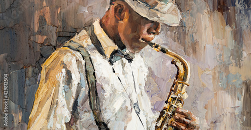 Stylish jazz band playing music on the scene, background is brown. Close-up fragment of  oil painting and brush. .The jazzman plays the saxophone. photo