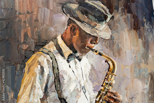 Photography Stylish jazz band playing music on the scene, background is brown