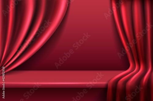 3d realistic vector red velvet background with wavy drapery curtains.