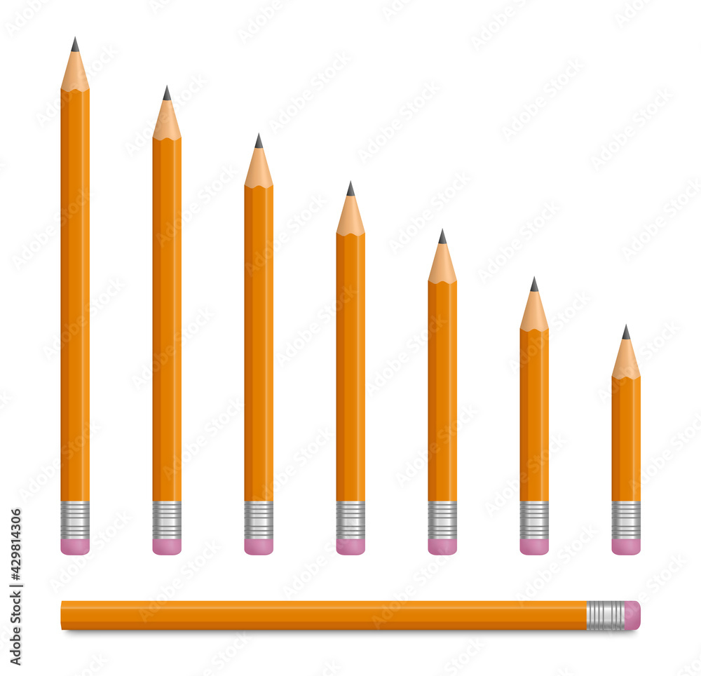 Realistic yellow pencil with rubber eraser. Lead pencil is sharpened