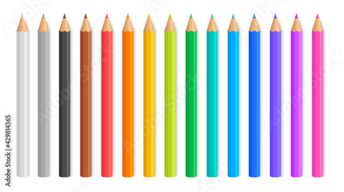 Set of realistic colored pencils. Wooden color crayons. Colorful pencils for drawing. Office stationery tools. Vector illustration.