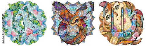 The element of Earth is the zodiac sign Capricorn, Virgo and Taurus with mandalas.