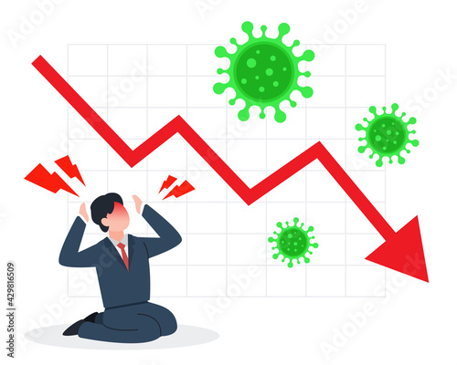 Businessman panics about the negative graph with viruses. The creative concept idea of economic crisis from covid-19 or coronavirus. Simple trendy cute vector illustration. Flat style graphic element.