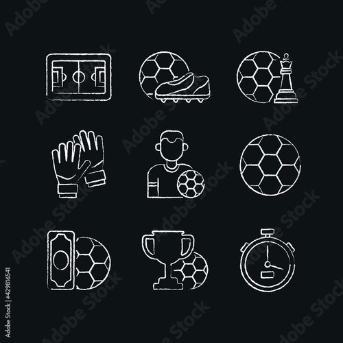 Soccer chalk icons set. Football equipment. Customizable thin line contour symbols. Isolated vector outline illustrations.