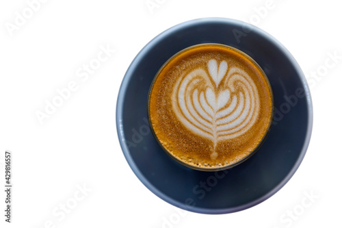 cup of hot latte art coffee on white isolated background