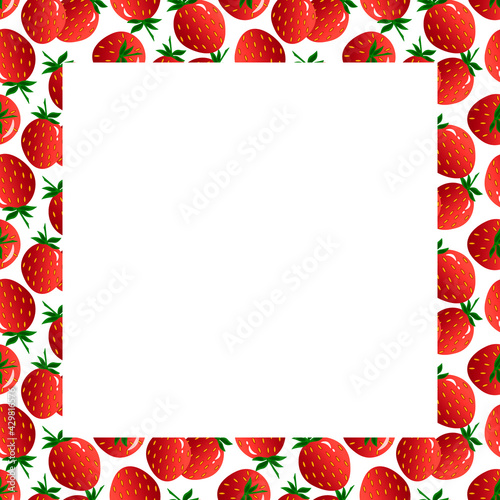Card with a frame of strawberries.For use in menus, napkins, plates, restaurants and cafes, for printing and other designs. Square pattern. Red berry square border design. Vector illustration with