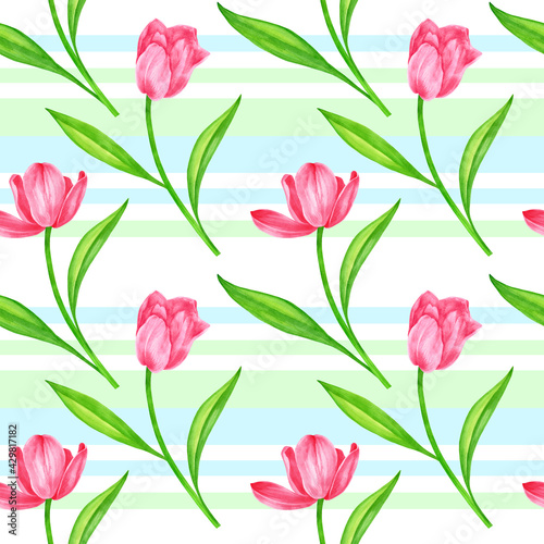 Watercolor seamless pattern with tulips for printing, home textiles, fabric, wrappers, packaging -2 © galanet
