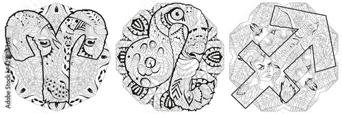 The element of Fire is the zodiac sign Aries, Leo and Sagittarius with mandalas for coloring