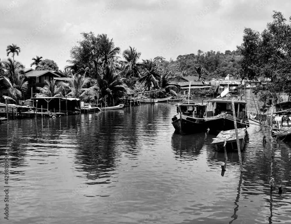 Borneo Fishing Village River Scene Monochrome Borneo Fishing Village River Scene Monochrome