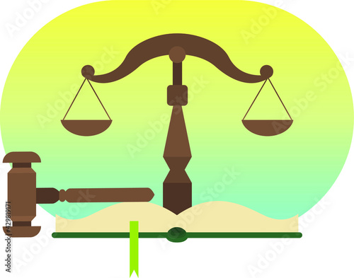Justice symbols. Libra of Themis, the hammer of the judge and the book of laws. Vector illustration. Jurisprudence, law enforcement.
