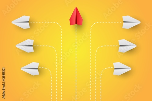 Think different - individuality concept. Individual and unique leader red paper plane flies forward. Vector