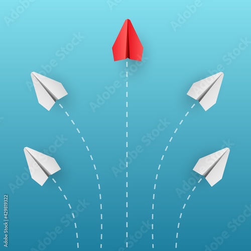 Individuality concept. Individual and unique leader red paper plane flies to the side. Think different. Vector
