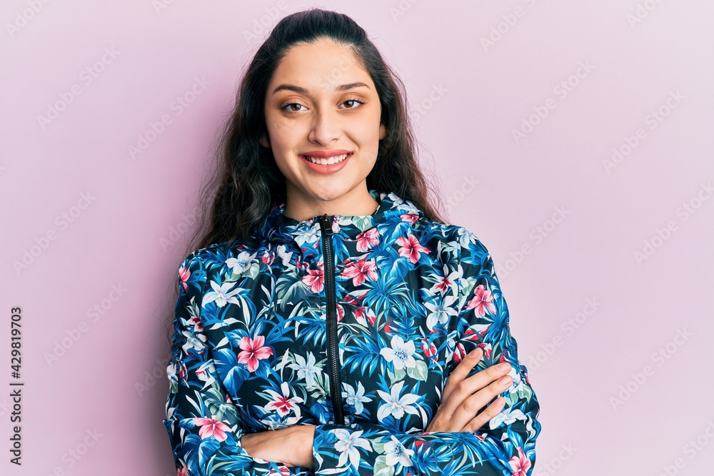 Beautiful Middle Eastern Woman Wearing Casual Floral Jacket Happy Face Smiling With Crossed Arms