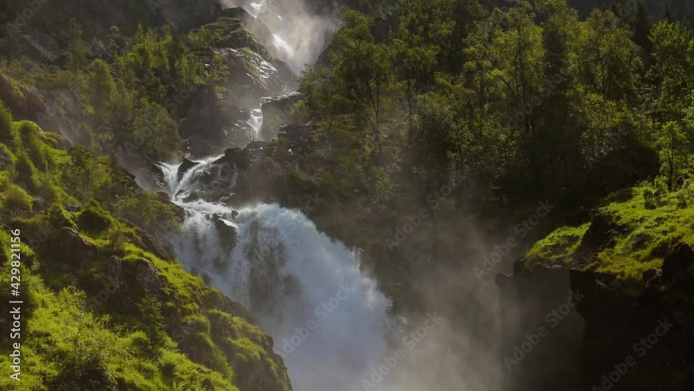 Latefossen is one of the most visited waterfalls in Norway and is located near Skare and Odda in the region Hordaland, Norway. Consists of two separate streams flowing down from the lake Lotevatnet. Latefossen is one of the most visited waterfalls in Norway and is located near Skare and Odda in the region Hordaland, Norway. Consists of two separate streams flowing down from the lake Lotevatnet.