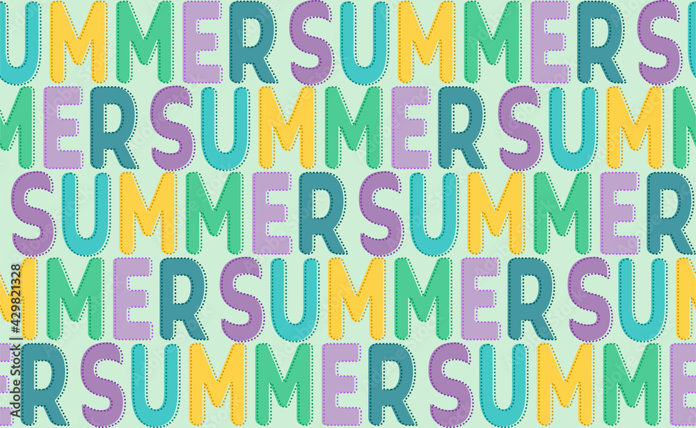 Trendy seamless pattern with text. Repeat of word Summer with bright colorful letters on light blue backdrop. Cute funny seasonal sea background vector illustration texture. Trendy seamless pattern with text. Repeat of word Summer with bright colorful letters on light blue backdrop. Cute funny seasonal sea background vector illustration texture.
